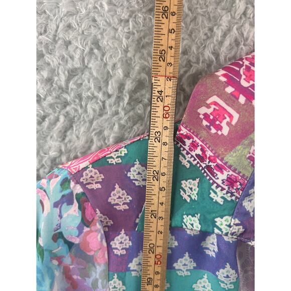 ZARA Patchwork Floral Button Blouse Satin Sheer Long Sleeve Colorful S - Picture 7 of 9